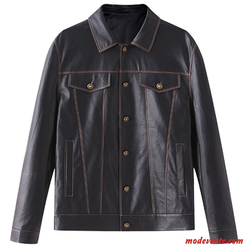 Veste En Cuir Homme Slim L'automne Vestes En Cuir Britanique Revers Roulé Manteau Couleur De Contraste Noir