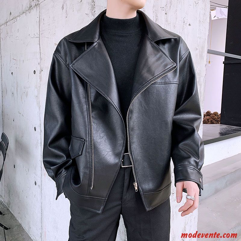 Veste En Cuir Homme Tendance Revers Roulé Beau Vêtements Moto Printemps L'automne Noir