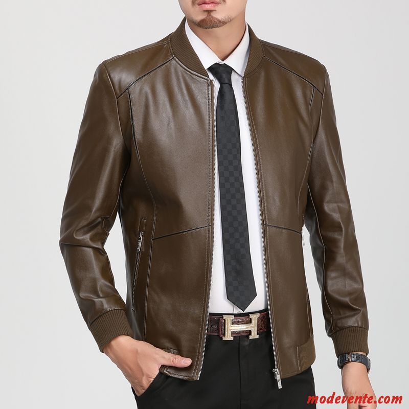 Veste En Cuir Homme Vestes En Cuir Col Mandarin Âge Moyen Manteau L'automne Une Veste