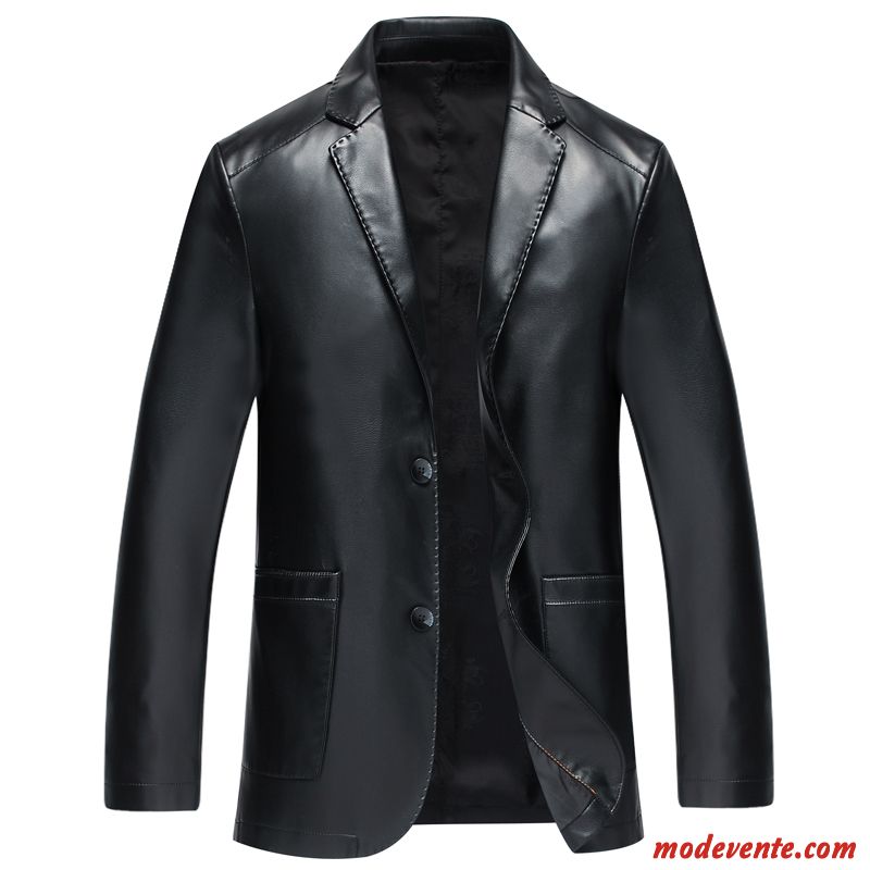 Veste En Cuir Homme Vestes En Cuir Cuir Véritable Manteau L'automne Slim Âge Moyen Noir