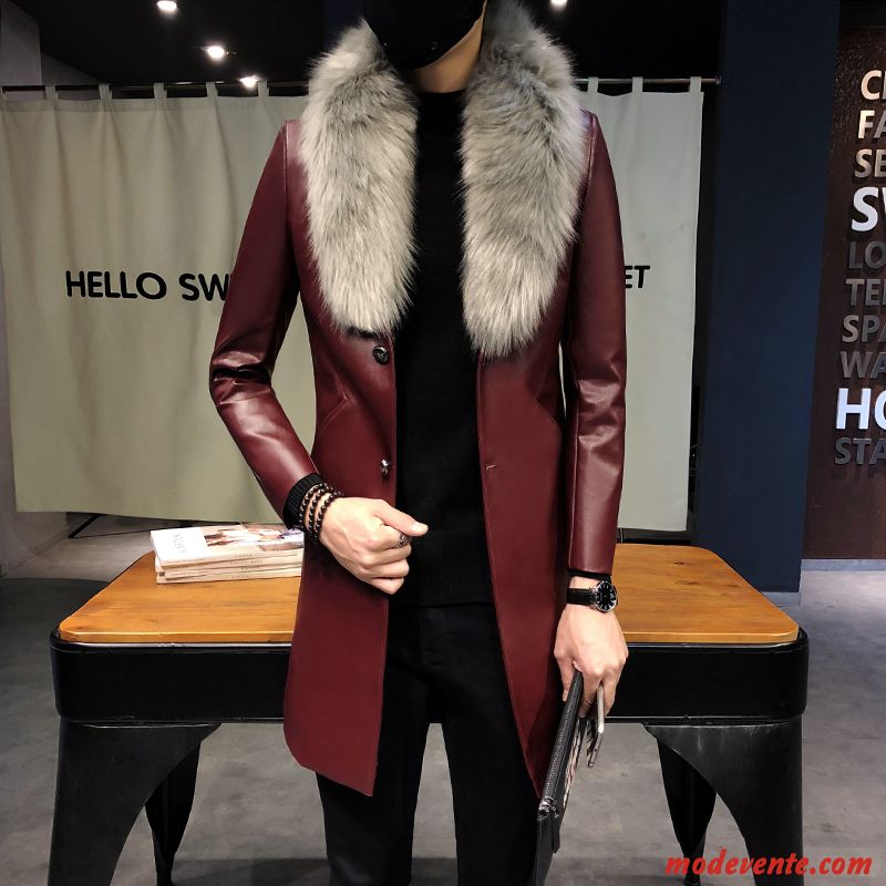 Veste En Cuir Homme Vestes En Cuir Tendance Beau Hiver Longue Slim Bordeaux