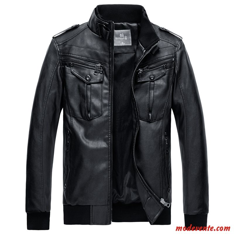 Veste En Cuir Homme Vestes En Cuir Âge Moyen Plus De Velours Vêtements Moto Court Hiver Noir