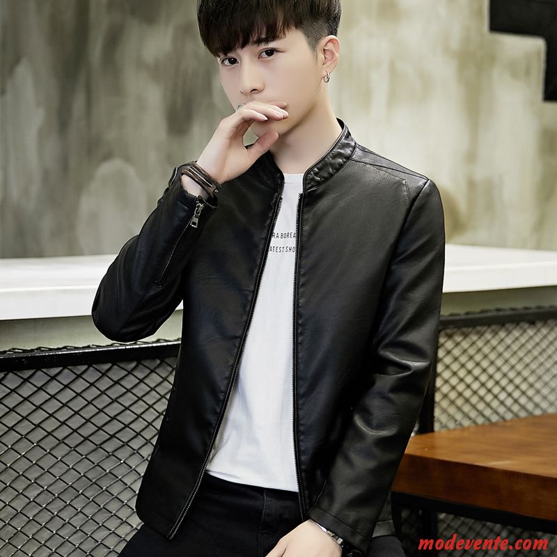 Veste En Cuir Homme Vêtements Moto Manteau Tendance Beau Vestes En Cuir Slim Noir