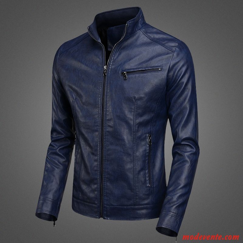 Veste En Cuir Homme Vêtements Moto Vestes En Cuir Tendance Une Veste Manteau Décontractée Bleu Marin Noir