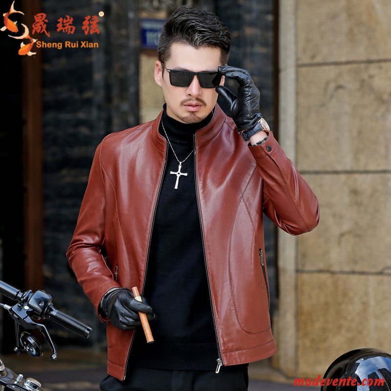 Veste En Cuir Homme Âge Moyen Vêtements Moto L'automne Tendance Col Mandarin Blouson