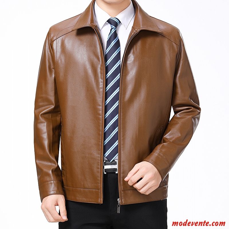 Veste En Cuir Homme Épaissir Revers Roulé Vêtements D'hiver L'automne Vestes En Cuir Plus De Velours Marron