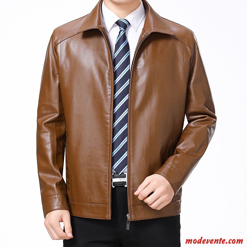 Veste En Cuir Homme Épaissir Revers Roulé Vêtements D'hiver L'automne Vestes En Cuir Plus De Velours Marron