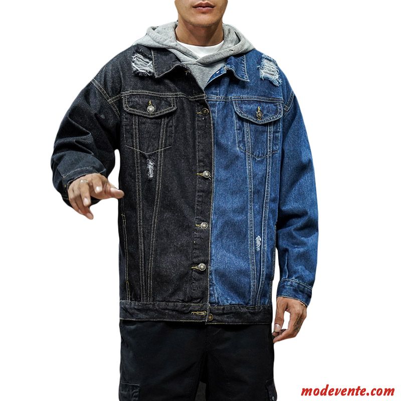 Veste Homme Cargo Baggy L'automne Manteau Denim Tendance Couleurs Mixtes Bleu