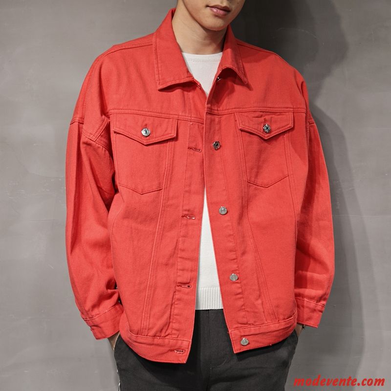 Veste Homme Décontractée Cargo Denim Manteau Tendance Baggy Rouge