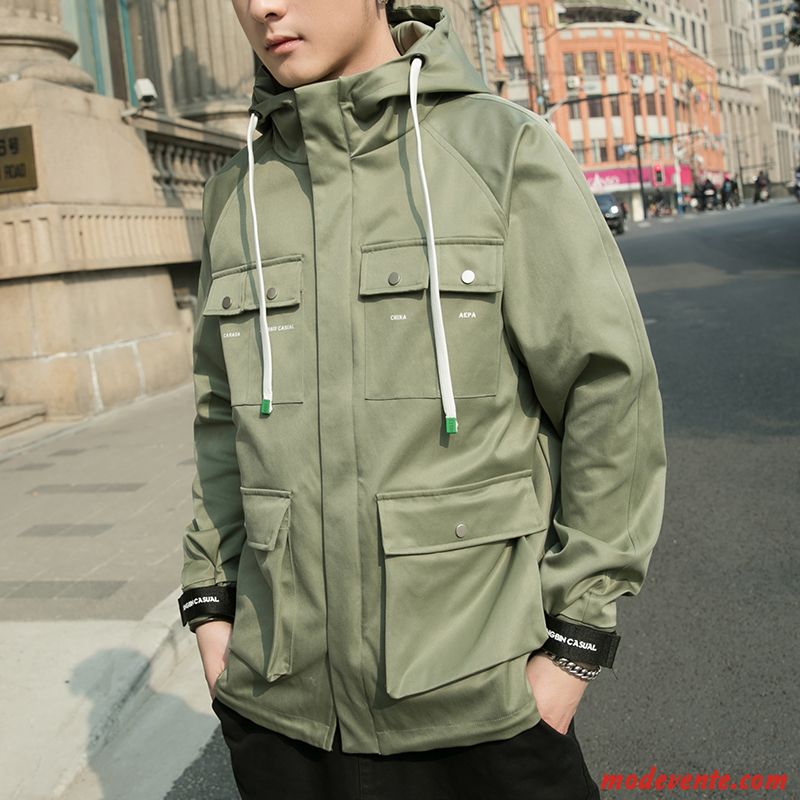 Veste Homme L'automne Baggy Multi-poche Les Adolescents Manteau Capuche Vert