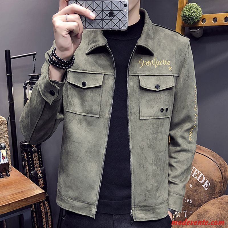 Veste Homme Printemps Beau Manteau L'automne Cuir Suède Tendance Gris