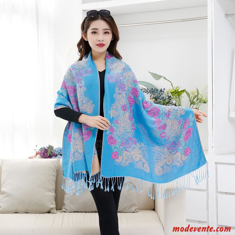 Écharpe Femme Châle Folk-custom Longue Section L'automne All-match Plus Épais Bleu