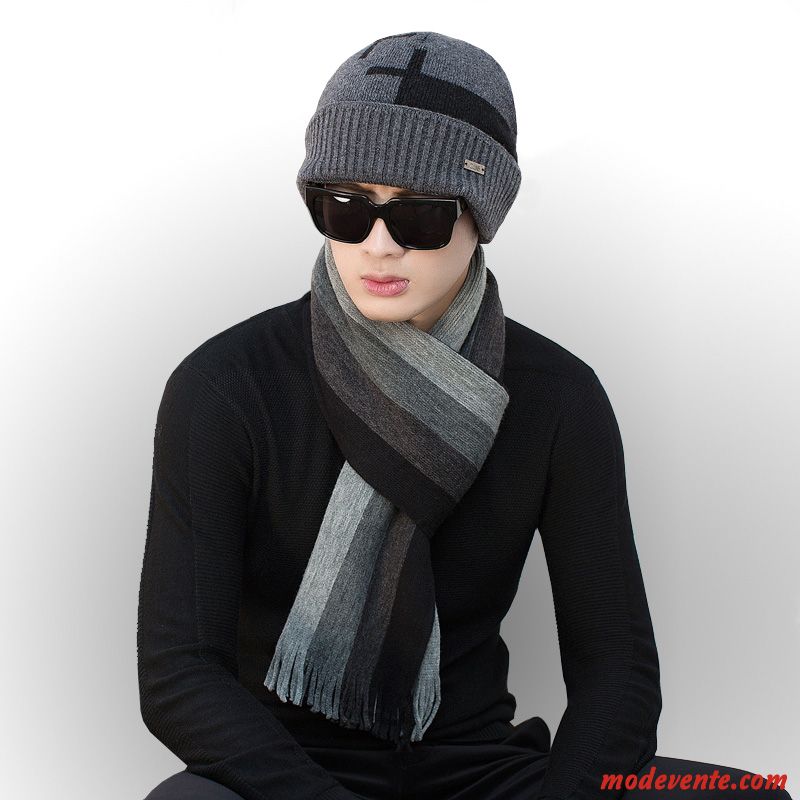 Écharpe Homme Jeune Bonnet De Laine Tricot Collier Ensemble Hiver Noir