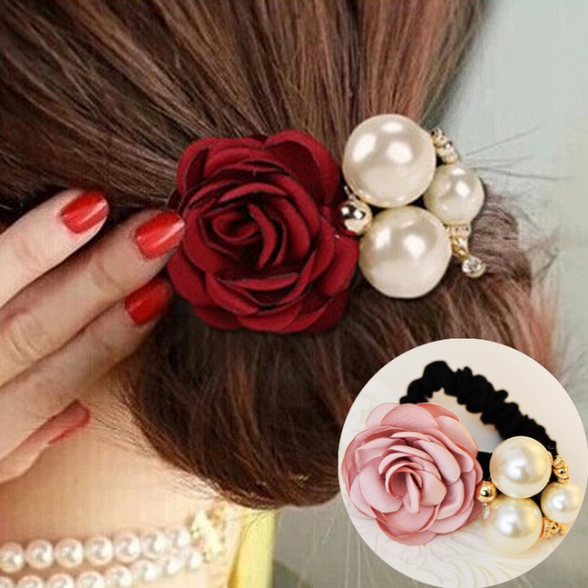 Épingle À Cheveux Femme Gros Ornements De Cheveux Simulation Cercle Des Cheveux Perle Fleurs Rose Rouge